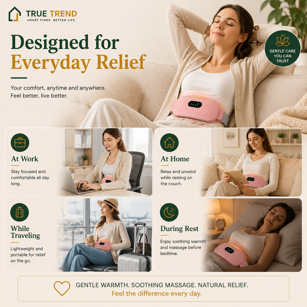 TrueTrend™ Cordless Menstrual Heating & Massage Belt – Portable Relief for Cramps & Back Pain 🌸✨