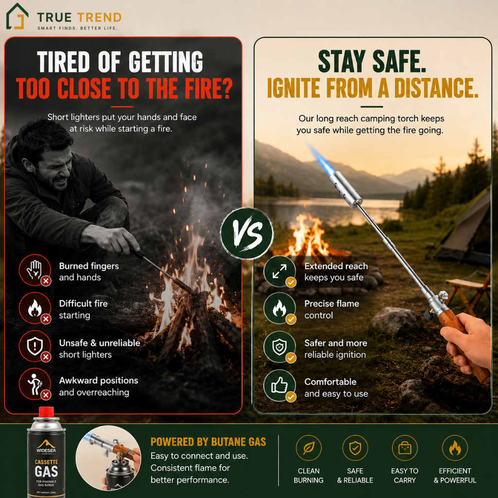 TrueTrend™ Extendable Outdoor Fire Starter Torch – Portable Butane Gas Lighter for Camping & BBQ