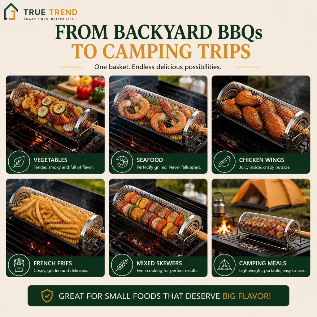 TrueTrend™ 360° Rolling Grill Basket – Stainless Steel BBQ Cage for Even Grilling 🍖🔥