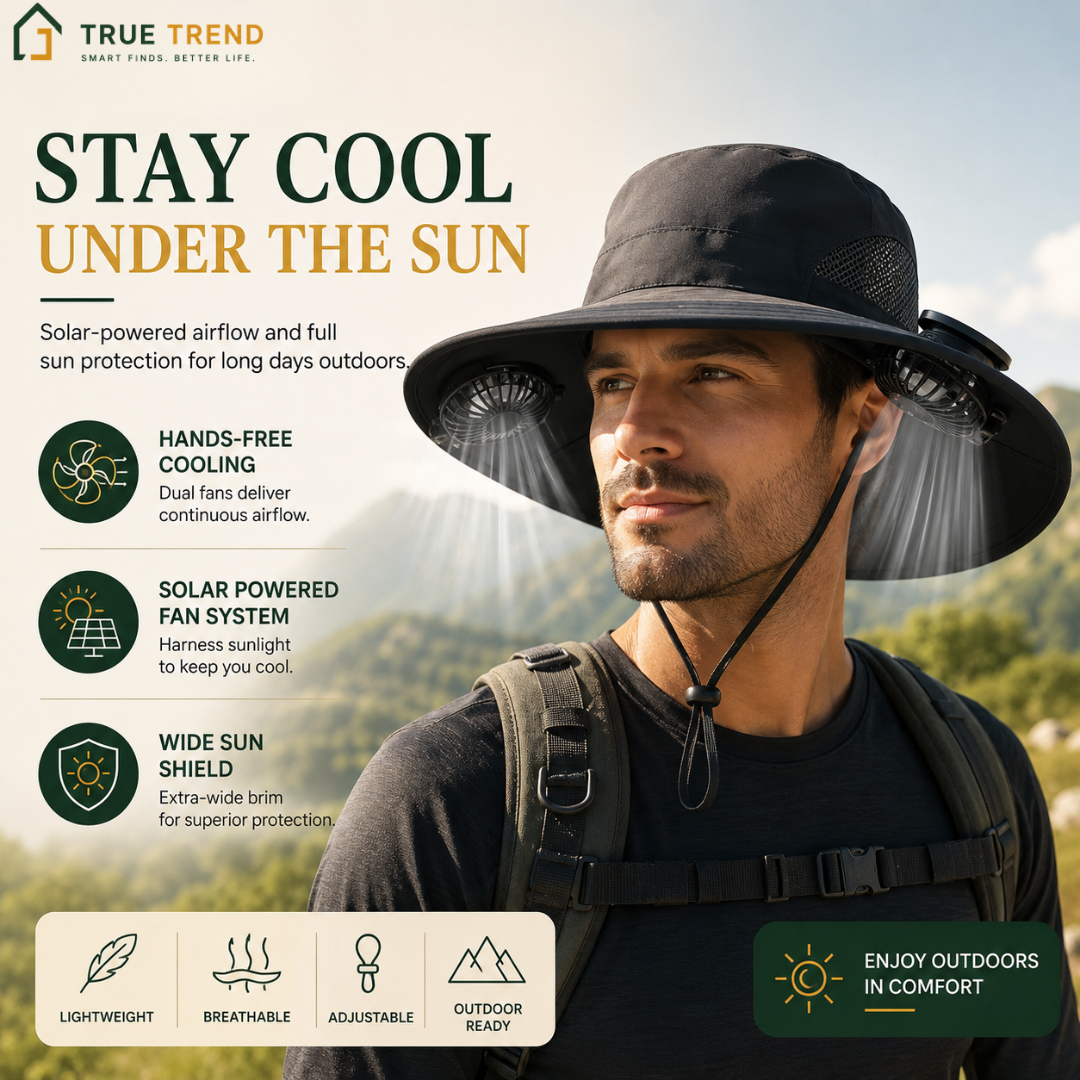 TrueTrend™ Solar-Powered Cooling Sun Hat – Dual Fan Wide-Brim Hat for Outdoor Comfort ☀️🧢