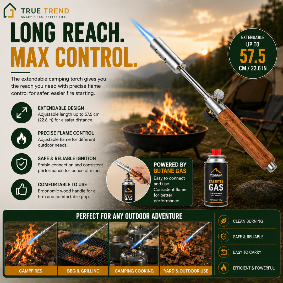 TrueTrend™ Extendable Outdoor Fire Starter Torch – Portable Butane Gas Lighter for Camping & BBQ