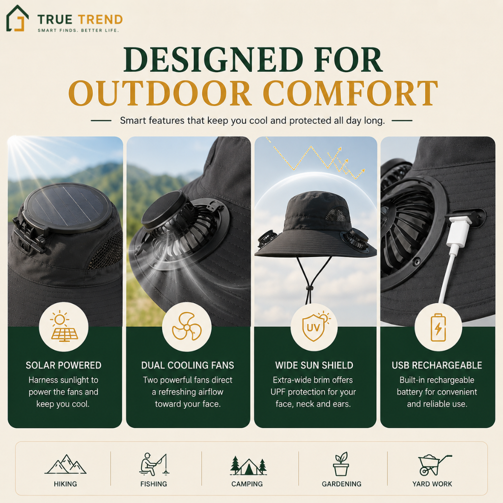 TrueTrend™ Solar-Powered Cooling Sun Hat – Dual Fan Wide-Brim Hat for Outdoor Comfort ☀️🧢