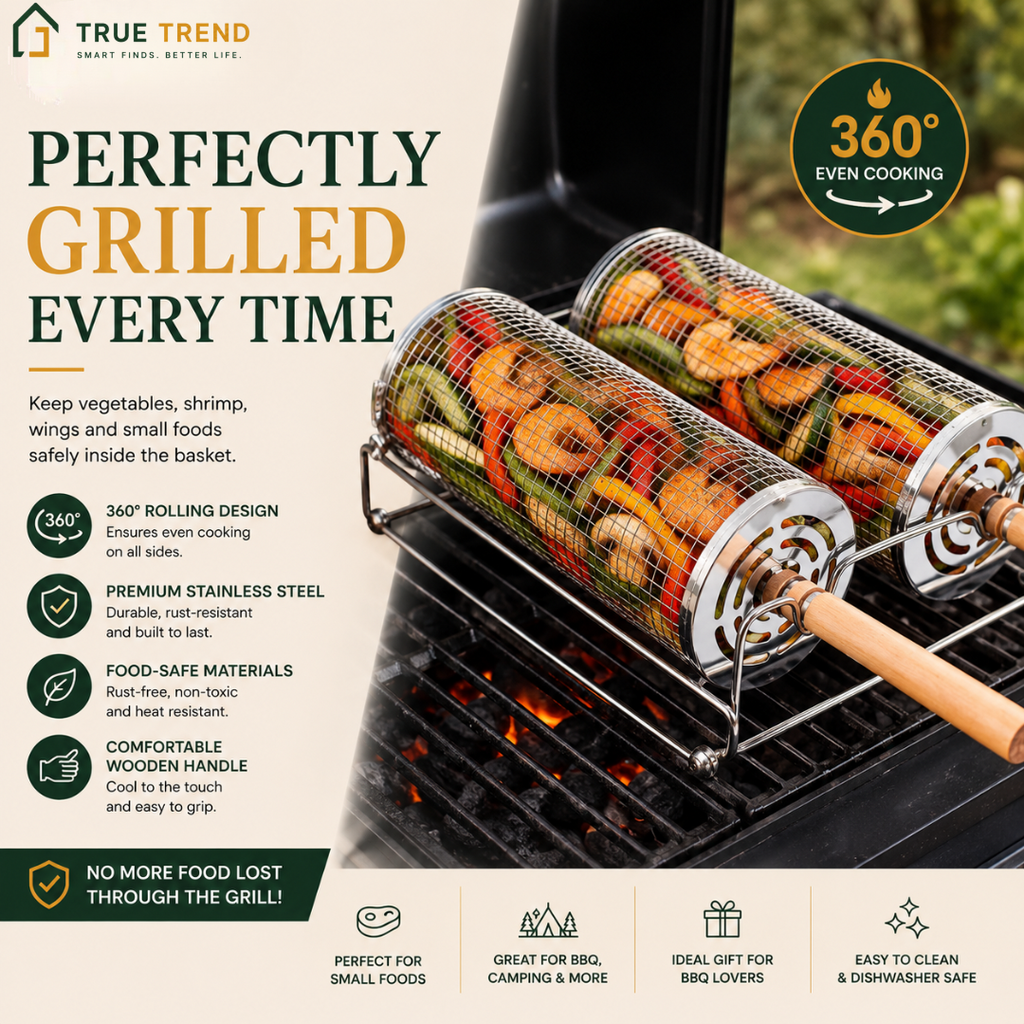 TrueTrend™ 360° Rolling Grill Basket – Stainless Steel BBQ Cage for Even Grilling 🍖🔥