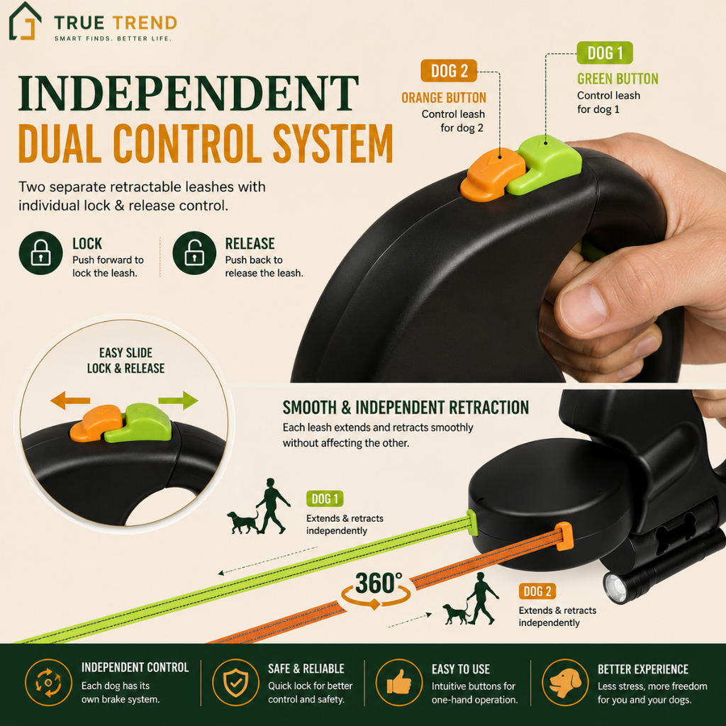 TrueTrend™ Dual Retractable Dog Leash – 2-in-1 Tangle-Free Leash with Built-in LED & Waste Bag Holder