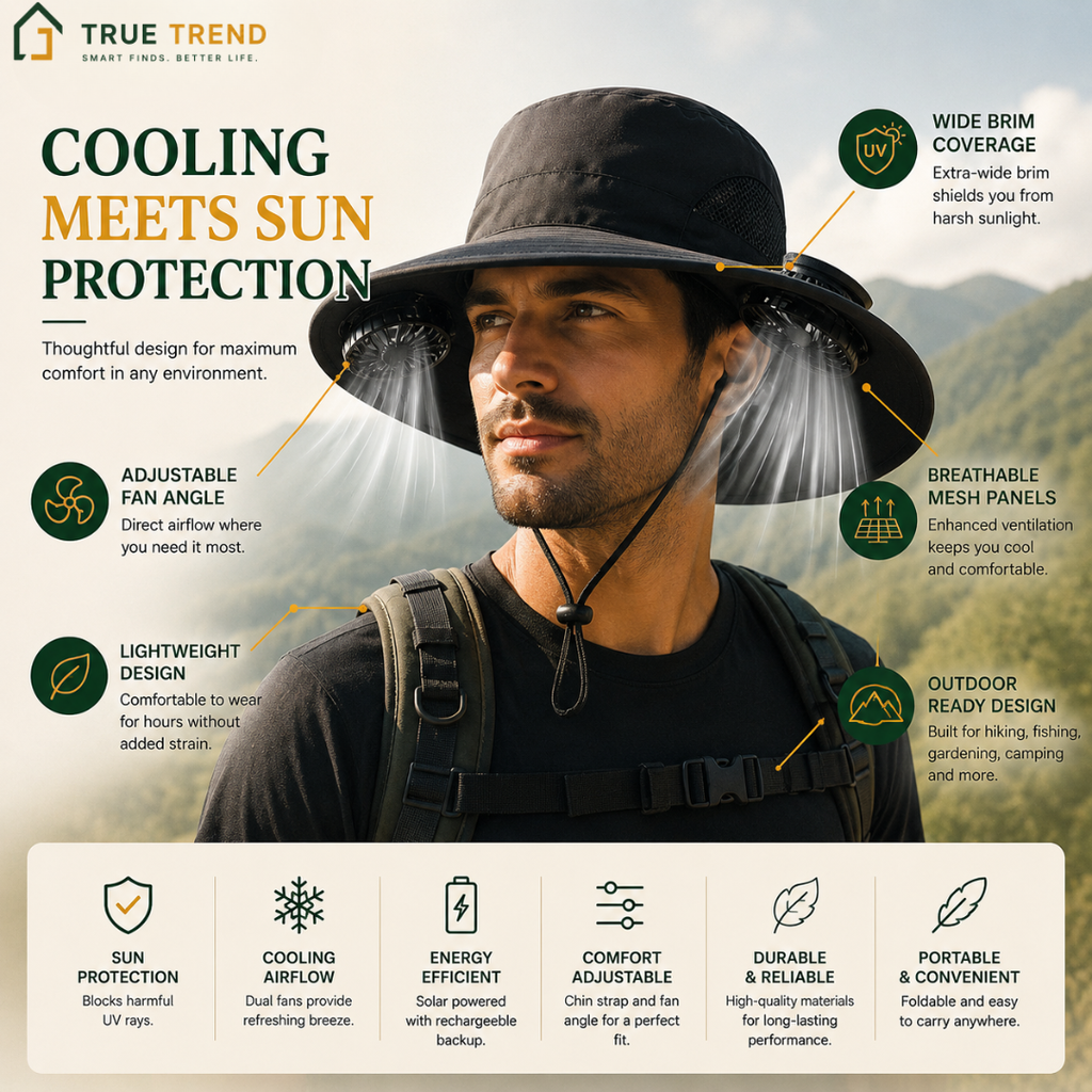 TrueTrend™ Solar-Powered Cooling Sun Hat – Dual Fan Wide-Brim Hat for Outdoor Comfort ☀️🧢