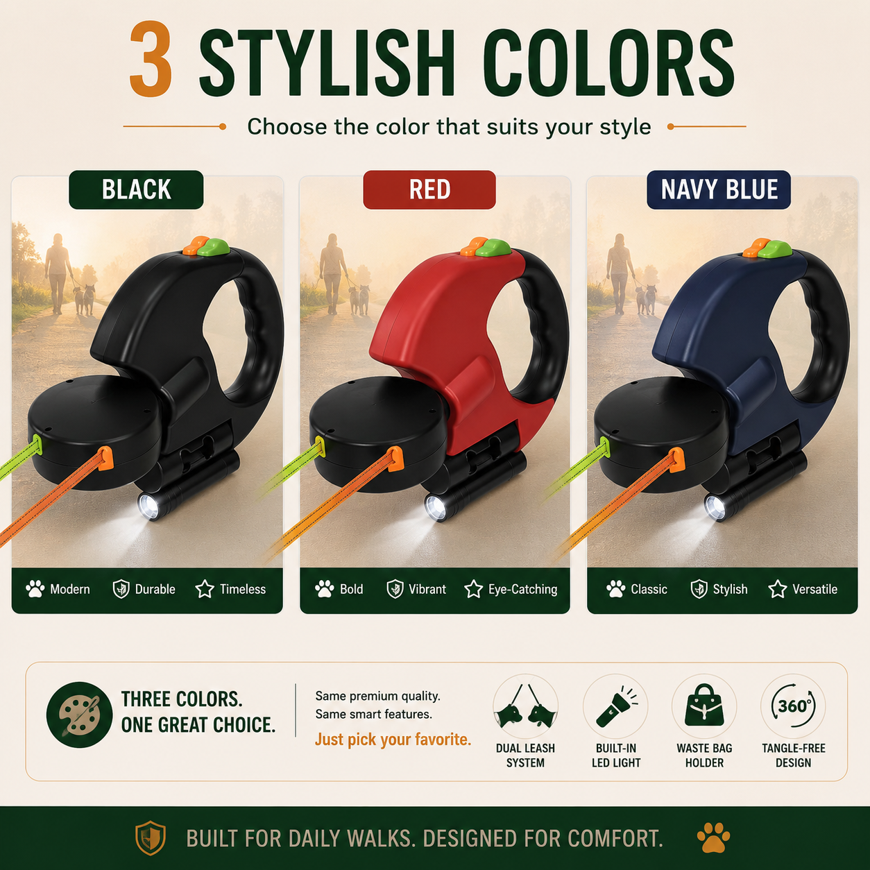 TrueTrend™ Dual Retractable Dog Leash – 2-in-1 Tangle-Free Leash with Built-in LED & Waste Bag Holder