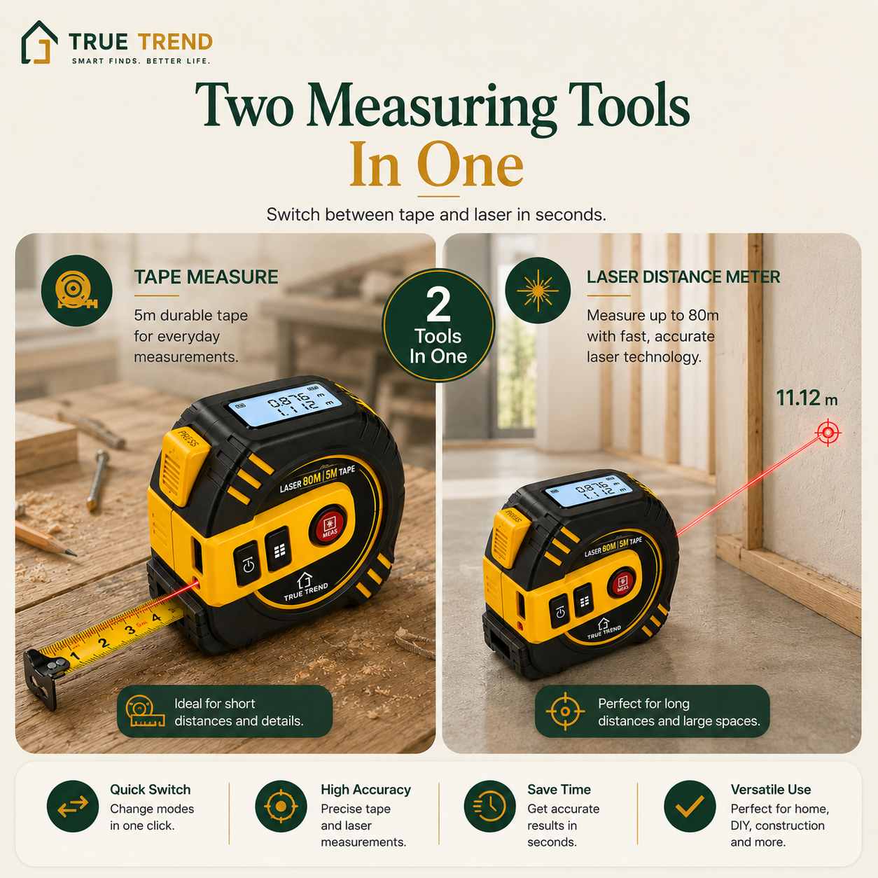 True Trend™ 2-in-1 Digital Laser Tape Measure